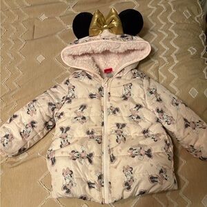 Minnie Mouse Pink Puffer Jacket with Hood and Gold Bow